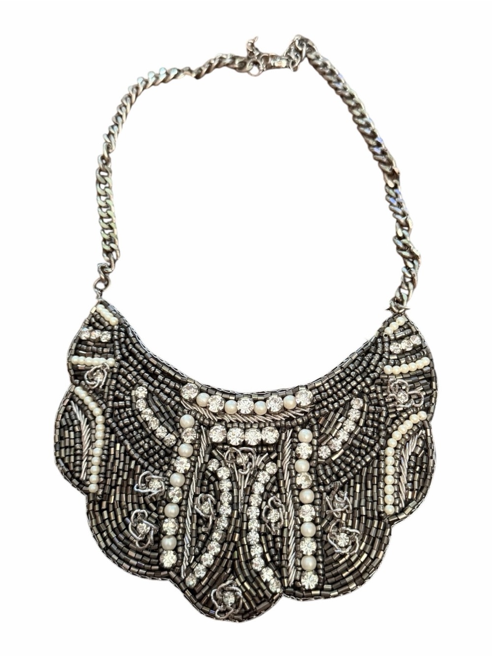 Vintage Art Deco Beaded Statement Bib Necklace Rhinestone Faux Pearl Gunmetal